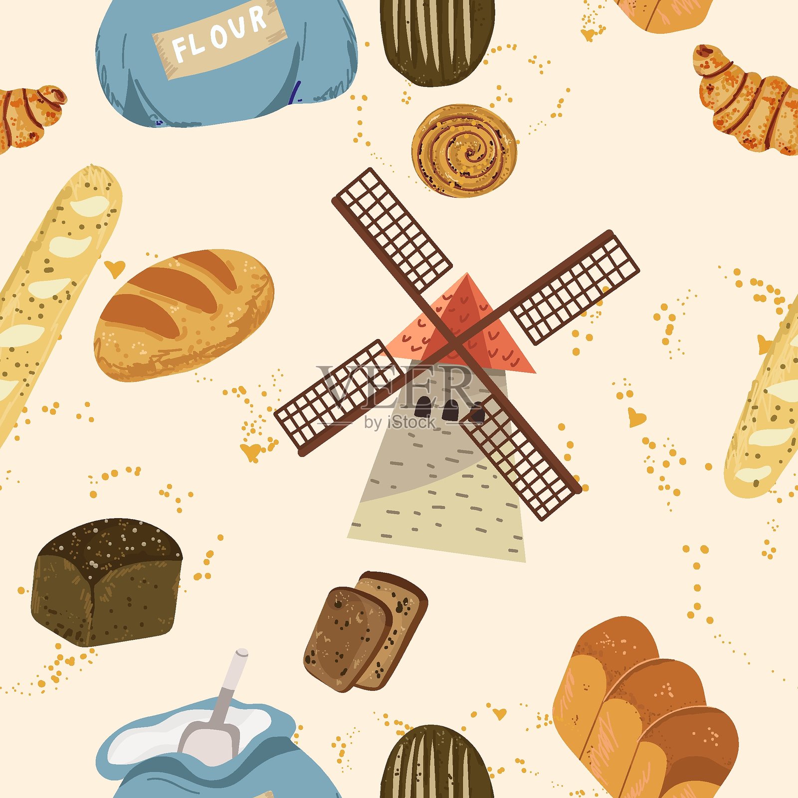 面包店，新鲜面包，面团，烹饪，烘焙无缝图案，糖果，背景，酵母烘焙面包。矢量插图，手绘。插画图片素材