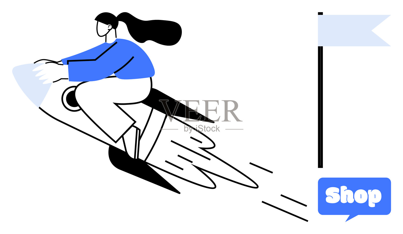 女性乘坐火箭抵达在线购物目标旗帜插画图片素材