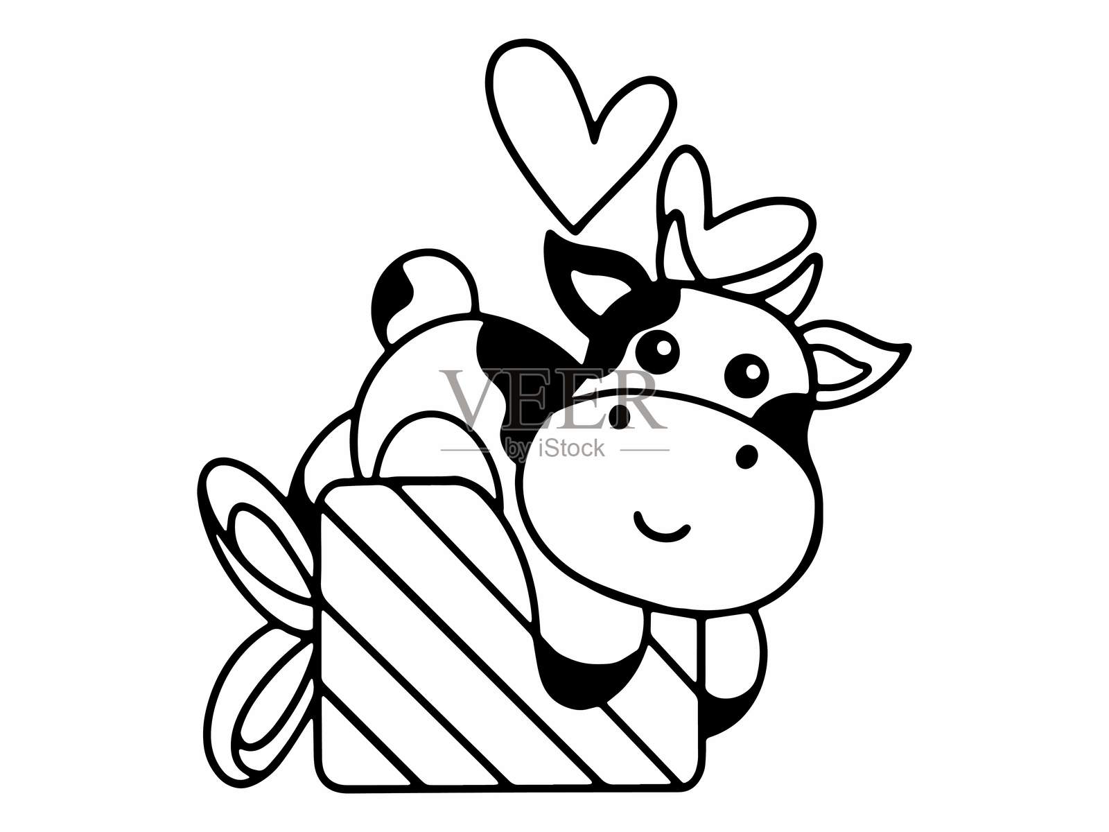 情人节牛卡通线条艺术。情人节牛抱着心形图案的线条艺术。情人节牛手持信件的黑白线条艺术。情人节牛手持玫瑰的轮廓。情人节牛手持气球的线条艺术。插画图片素材