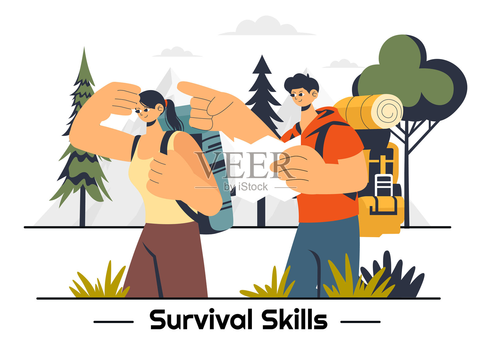 生存技能夏季露营矢量插图，展示帐篷露营服务、户外住宿、丛林探险和放松活动插画图片素材