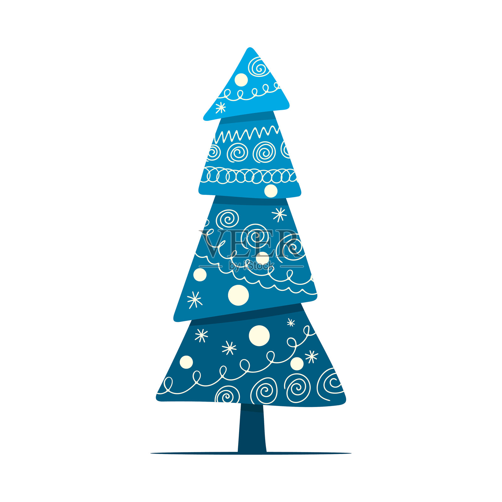 装饰圣诞树图标。彩色轮廓。正面视图。矢量简单平面图形手绘插图。白色背景上的孤立物体。插画图片素材