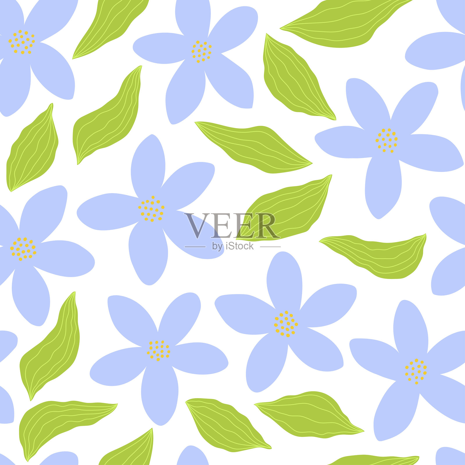 白色背景上的手绘蓝色花朵和叶子的无缝图案。插画图片素材