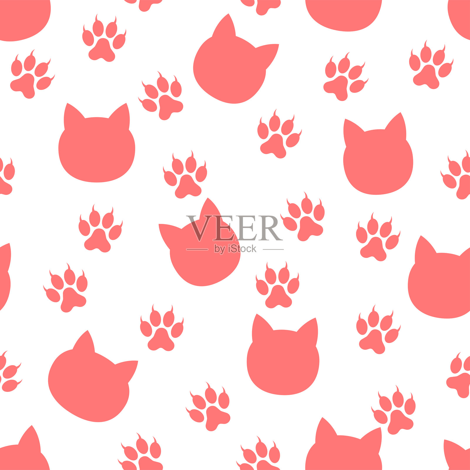 猫的剪影图案 - 粉色猫头和爪子的剪影。无缝链接。插画图片素材