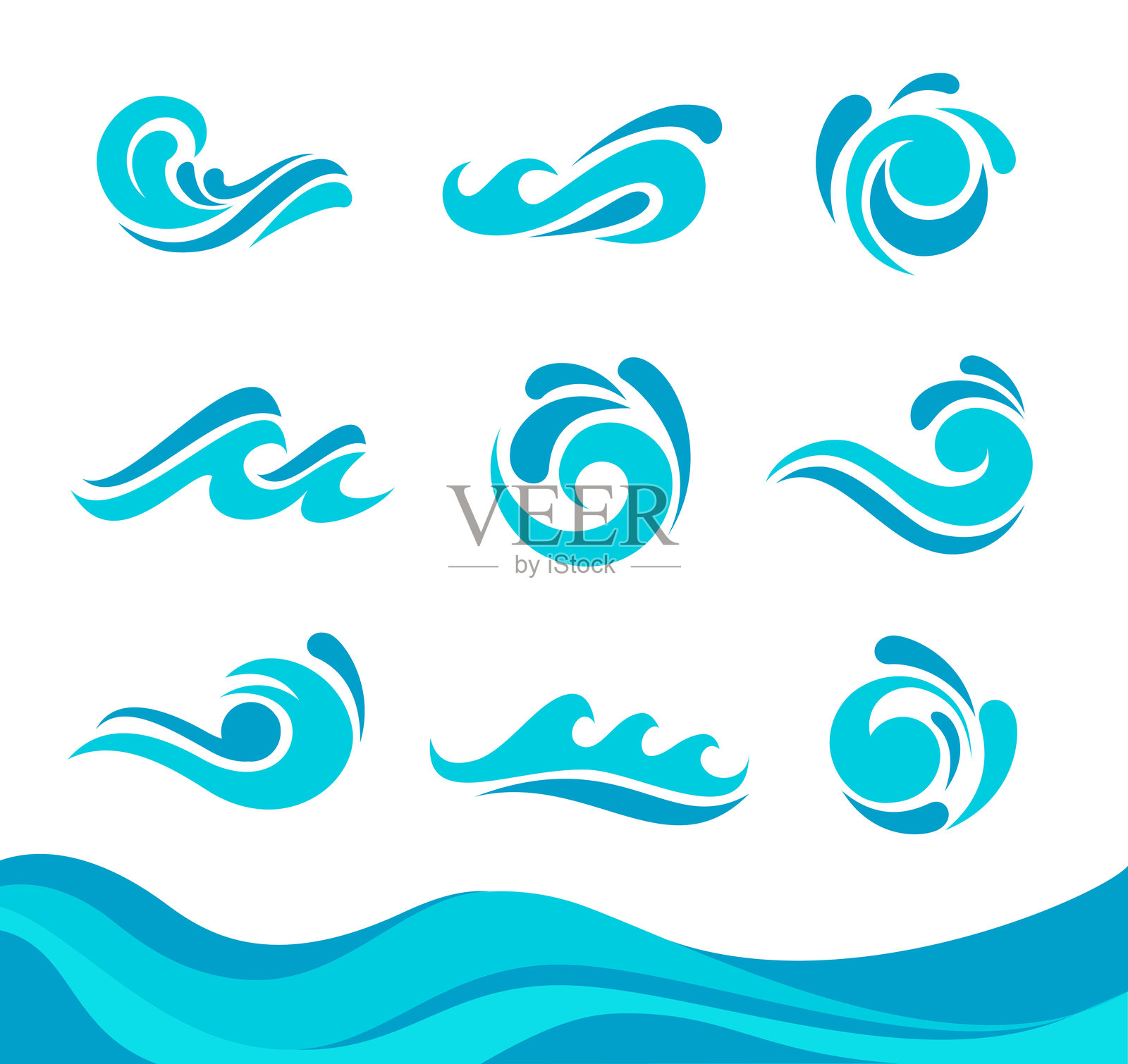 蓝色波浪套装。液态形状元素插画图片素材