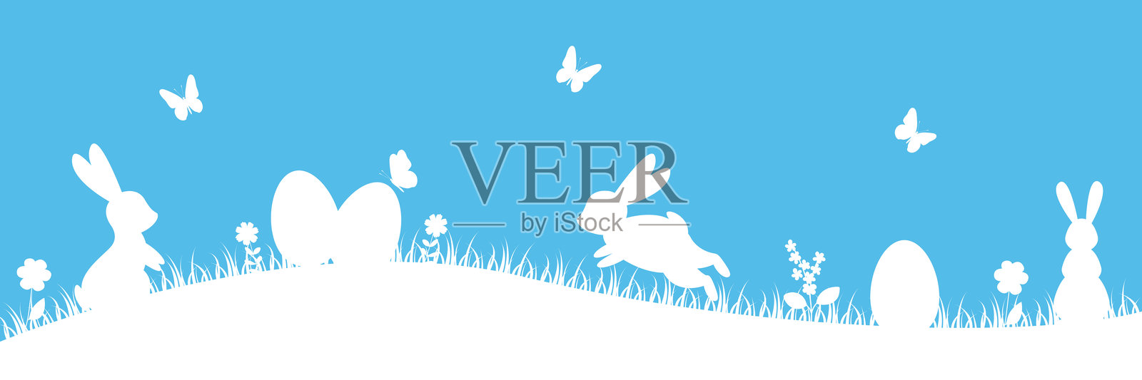 复活节兔子在草地上。复活节彩蛋狩猎。可爱的节日横幅，贺卡。矢量插图插画图片素材