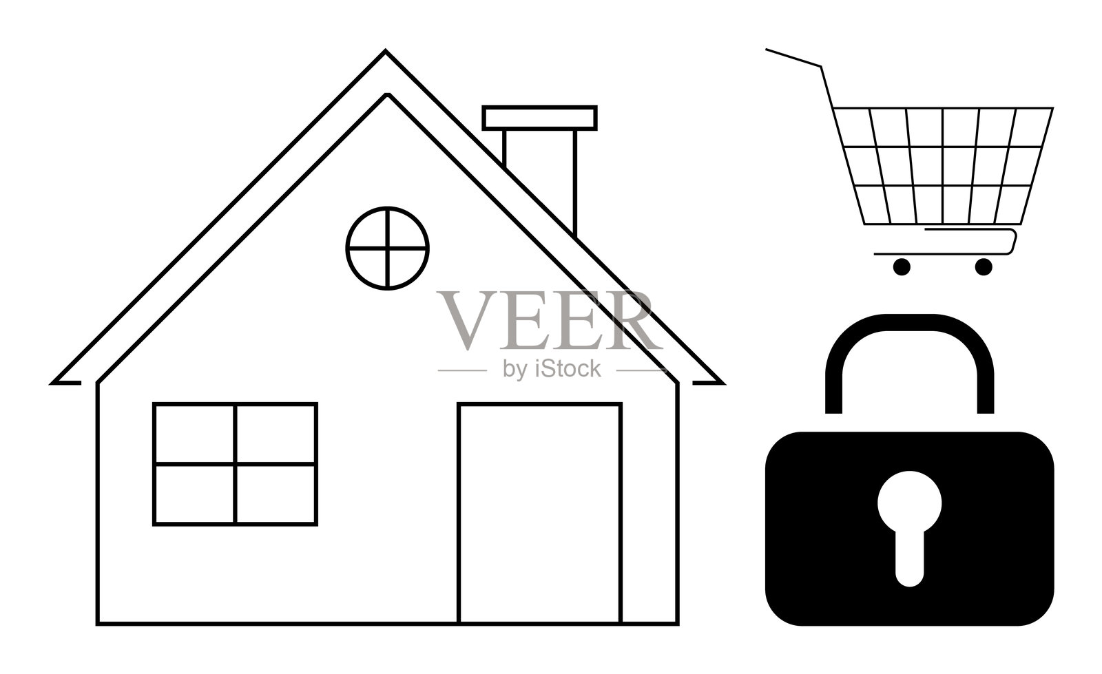 房屋、购物车和挂锁符号突出在线购物安全性插画图片素材