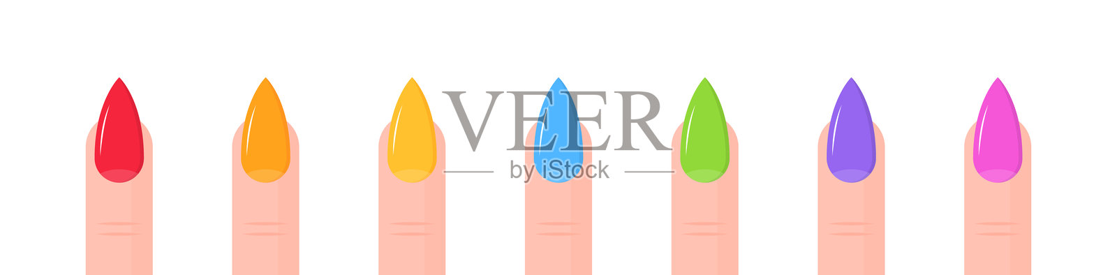 女性手上的彩色修剪指甲展示了彩虹色调。矢量图标插画图片素材