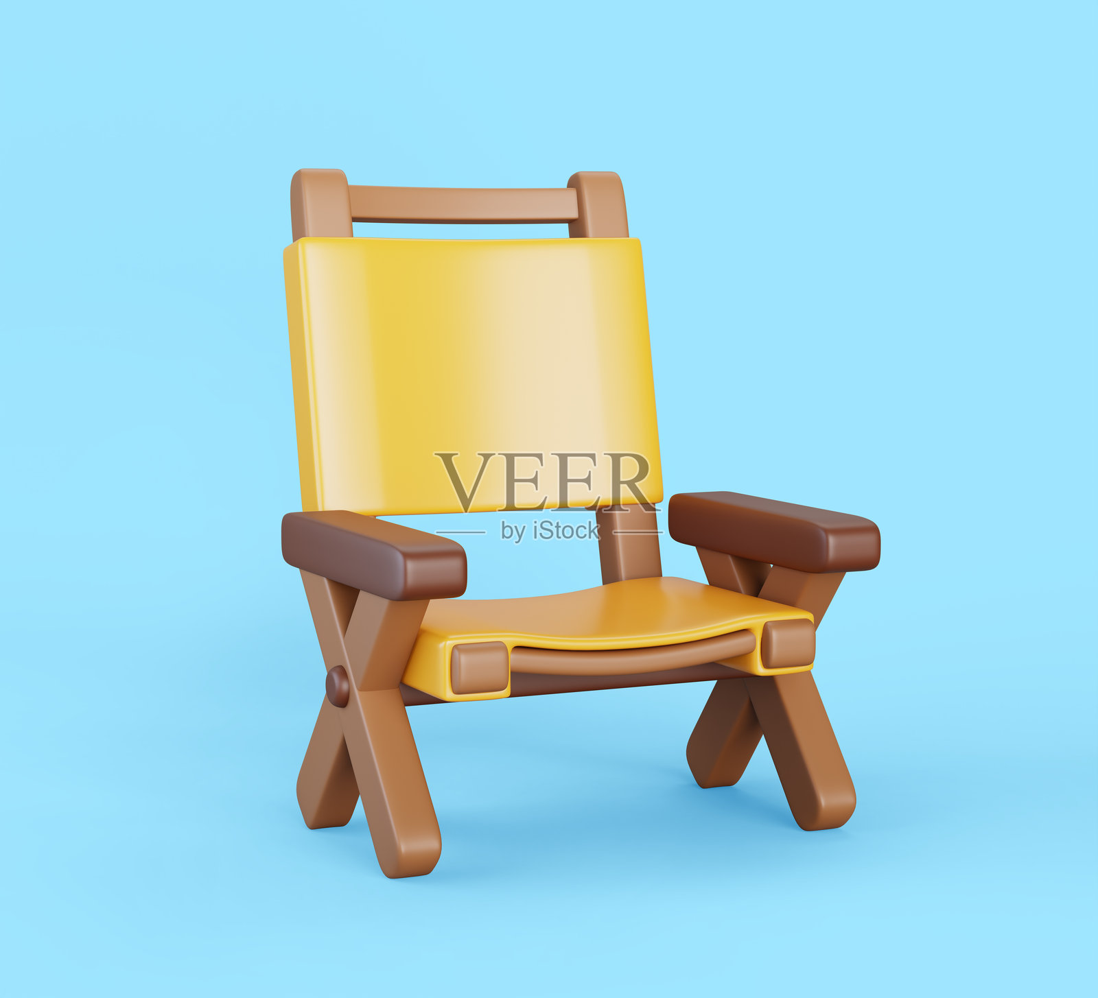 3D木质露营椅卡通渲染图标。便携式折叠户外野餐或钓鱼座椅。带黄色布料的木质可折叠庭院家具，孤立的旅游沙滩躺椅。照片摄影图片