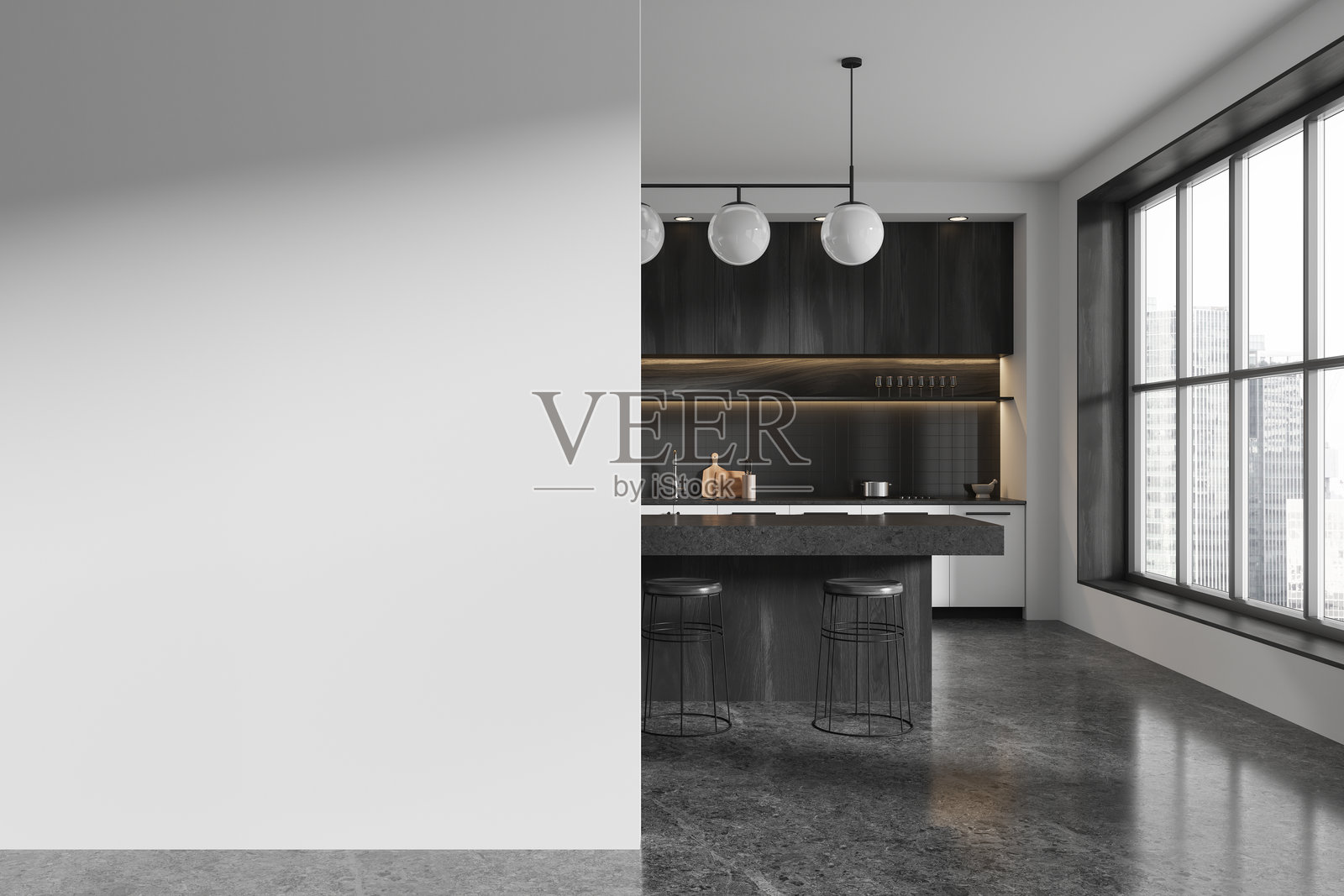 明亮厨房空间中的优雅餐区，配有现代餐桌和芥末色椅子。3D渲染图照片摄影图片