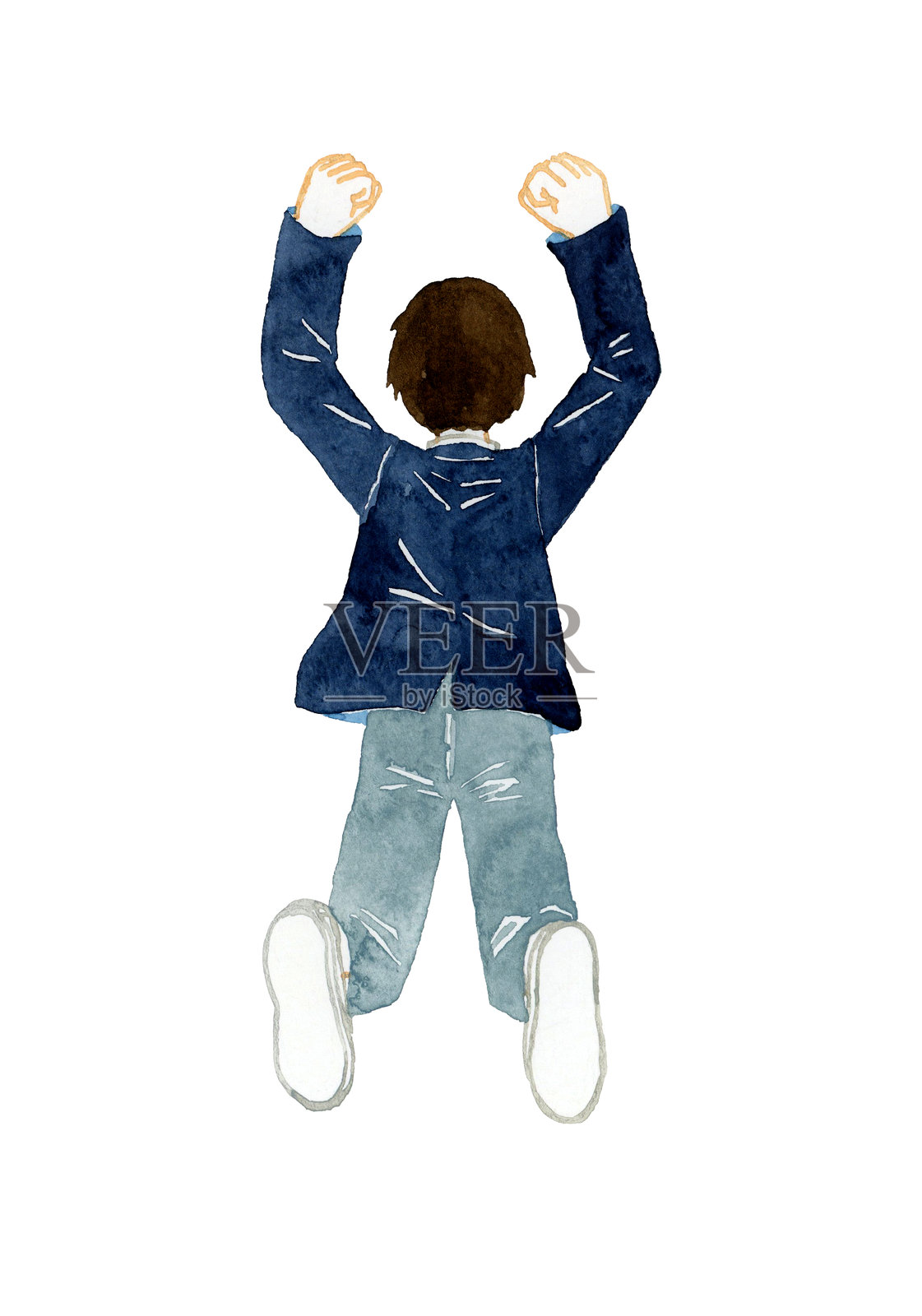 男学生跳跃的背影。手绘水彩插图。插画图片素材