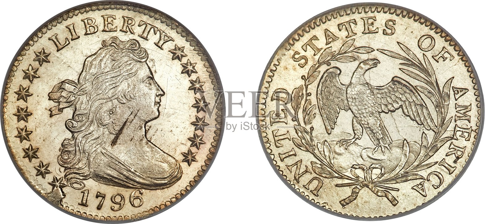 1796年美国一角硬币，披肩女像，带小鹰，背景为白色。照片摄影图片
