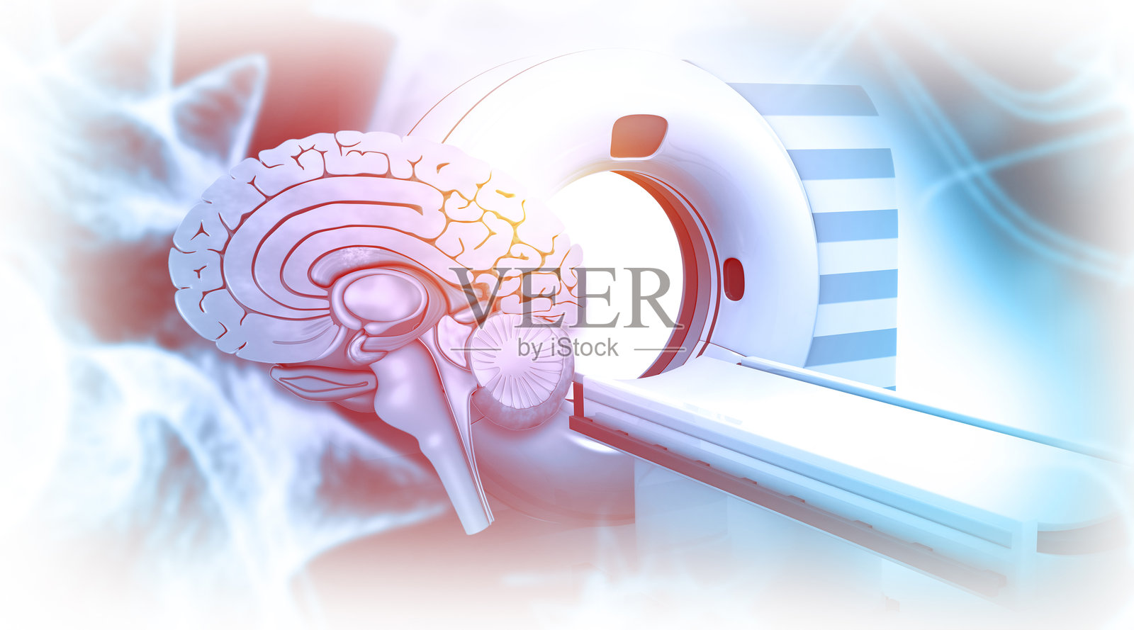 人脑横截面与MRI扫描仪照片摄影图片