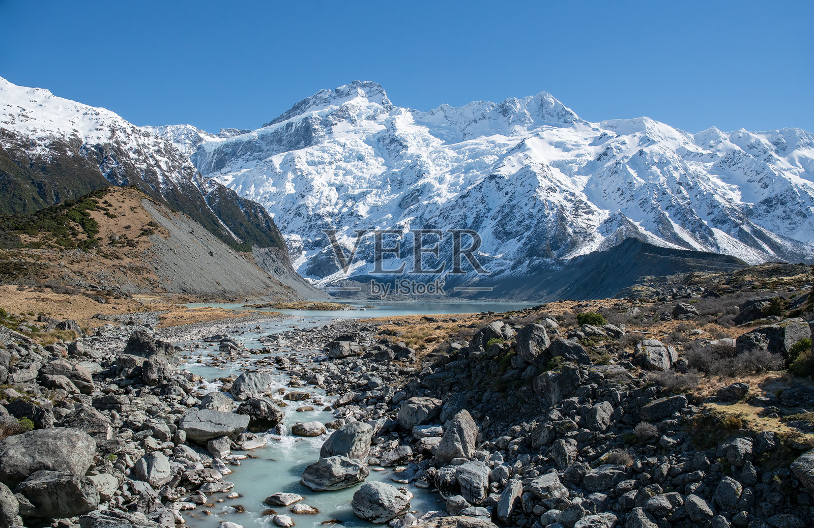 胡克河在巍峨的南阿尔卑斯山雪峰下照片摄影图片