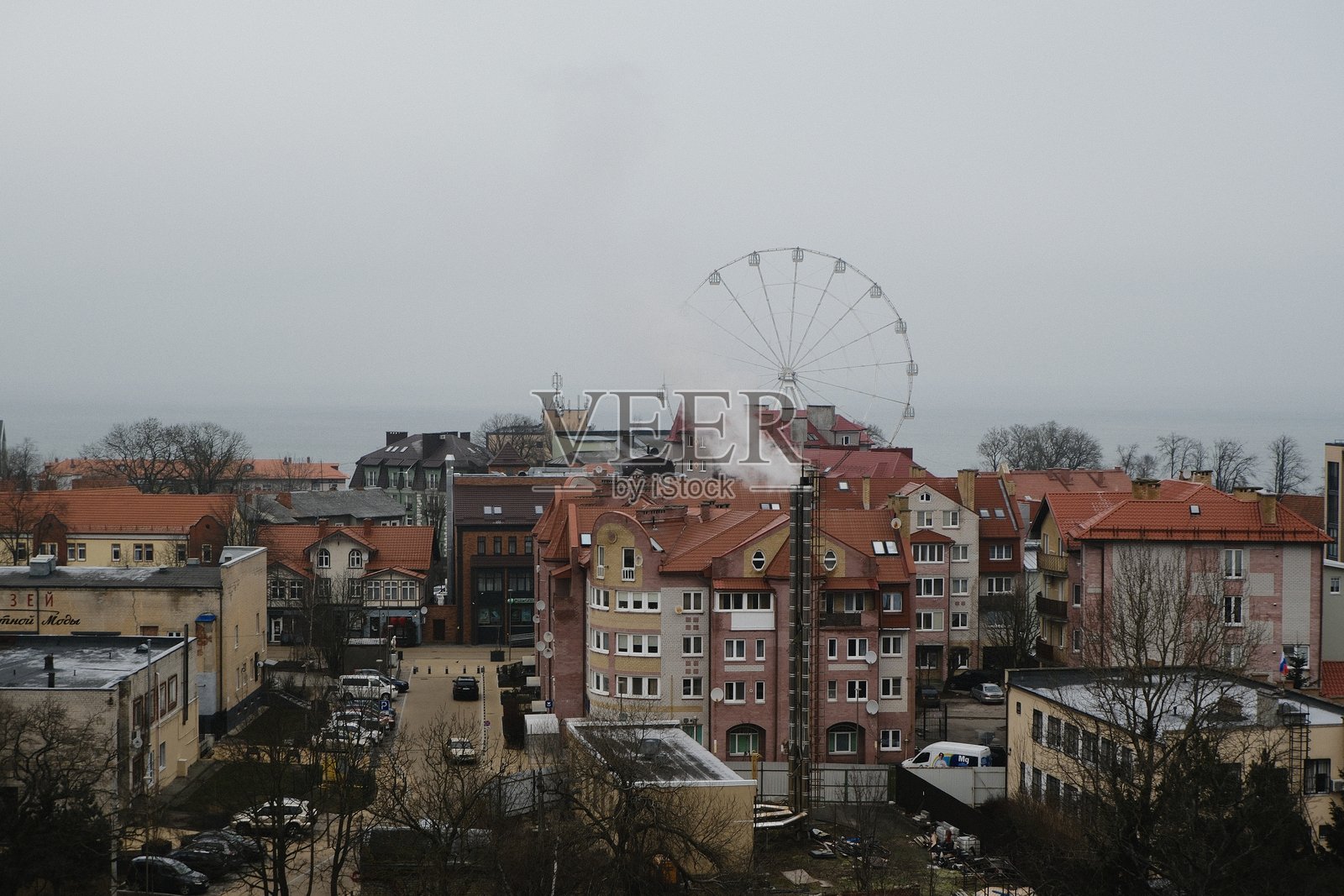欣赏城市景观的壮丽景色，背景中有摩天轮和屋顶。照片摄影图片