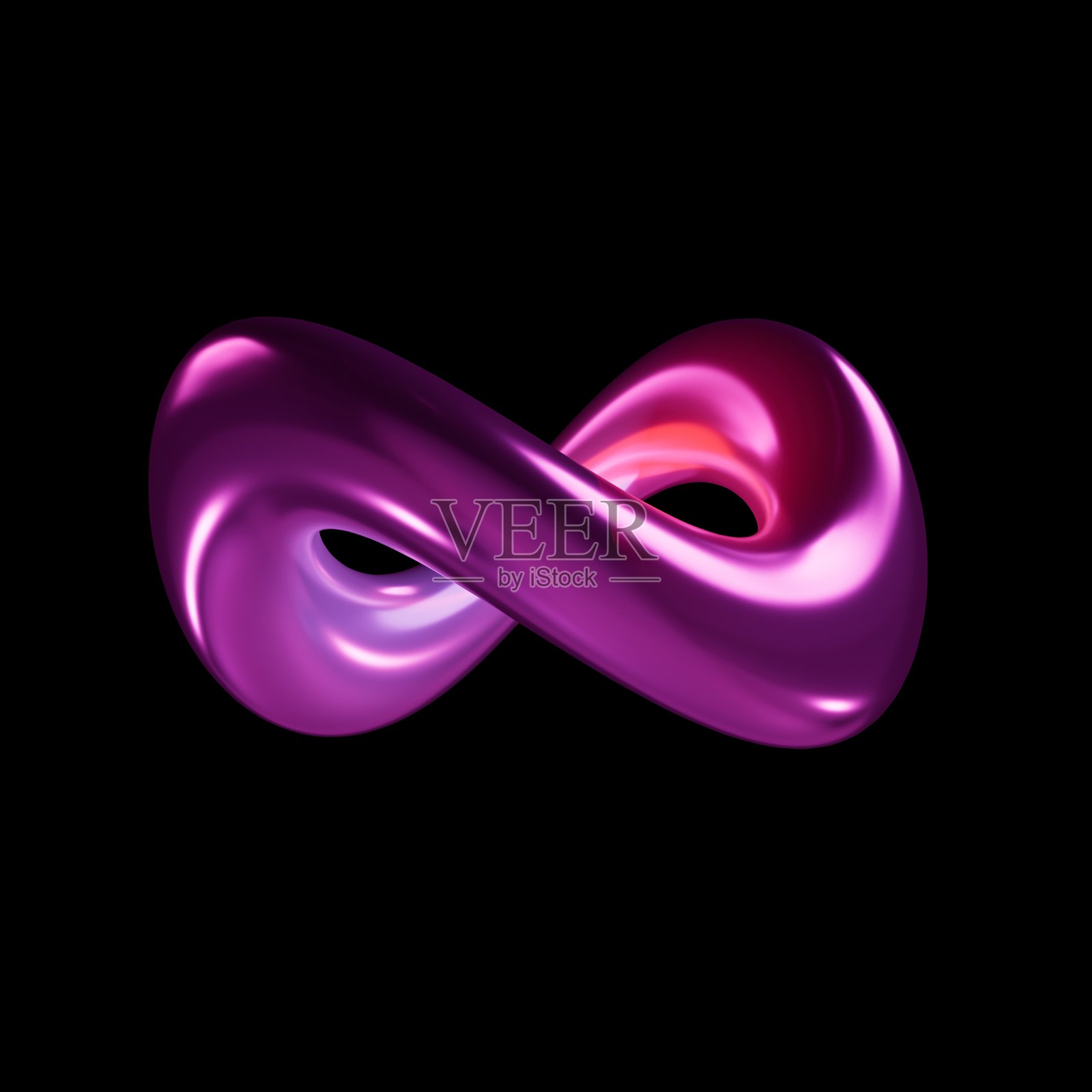 未来主义的3D多面体无限符号，抽象的紫色光带在黑色背景上，现代数字艺术，霓虹几何形状，象征无限和永恒的概念照片摄影图片