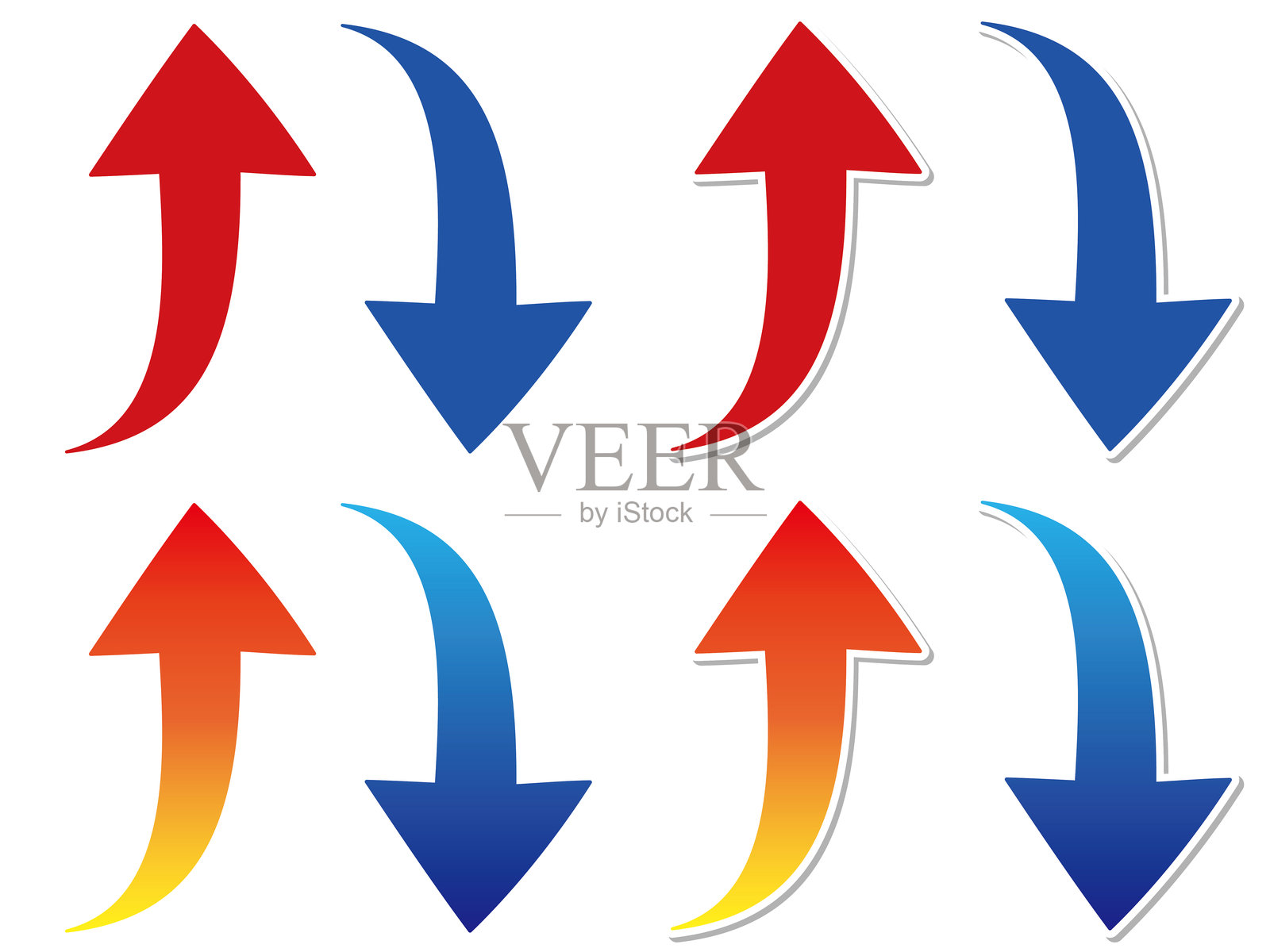 上升的红色箭头和下降的蓝色箭头插图。简单的弯曲箭头图标。插画图片素材