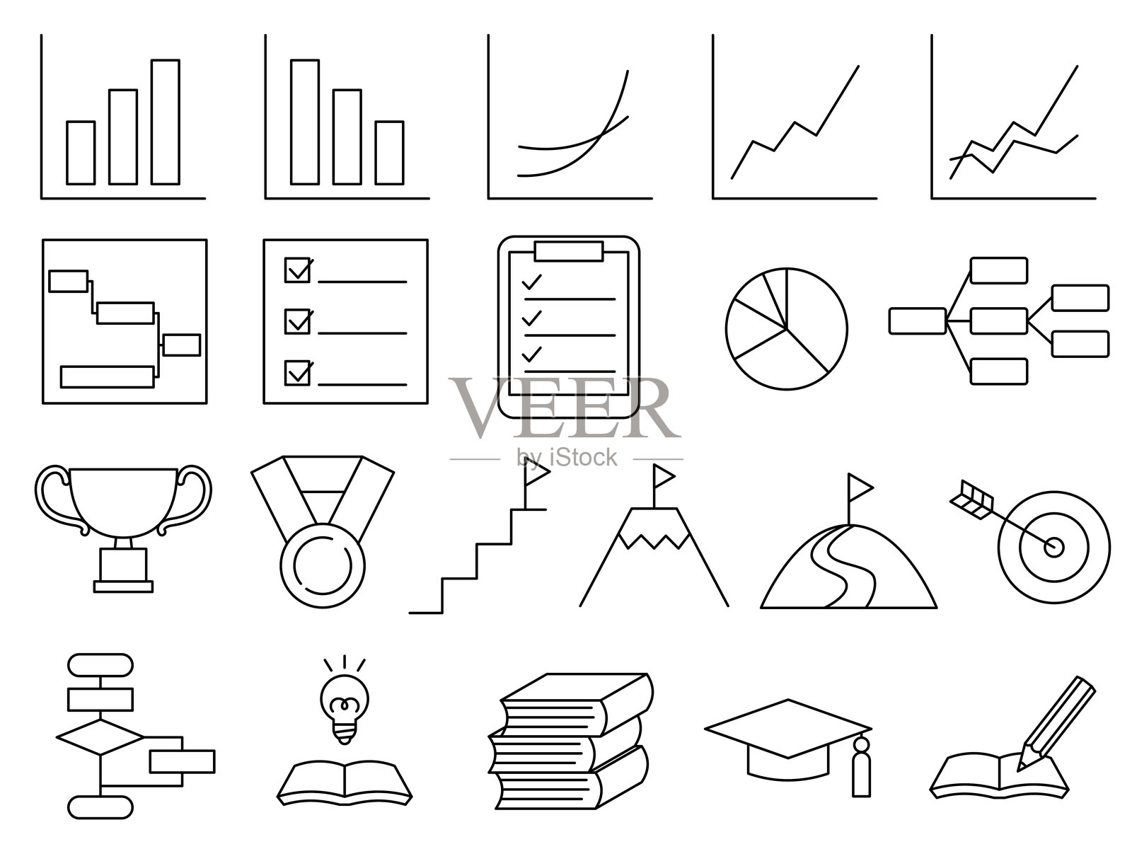 可用于商业的图标集。简单的线条绘制图标，代表图表、目标达成和成就。插画图片素材