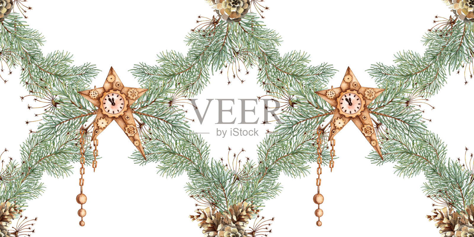 松枝星形图案网格水彩画插画图片素材