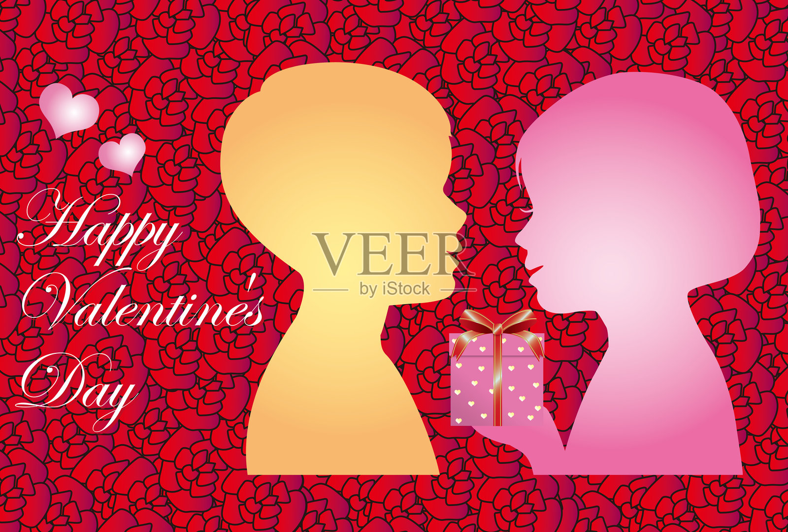 情人节卡片，上面有一个男孩和一个女孩的侧面轮廓，他们正在手持礼物。插画图片素材