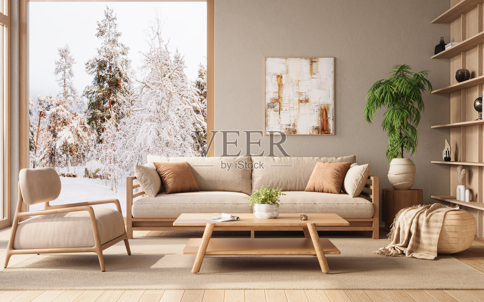 舒适的极简风格客厅，采用木材和中性色调，配有大窗户，3D渲染图照片摄影图片