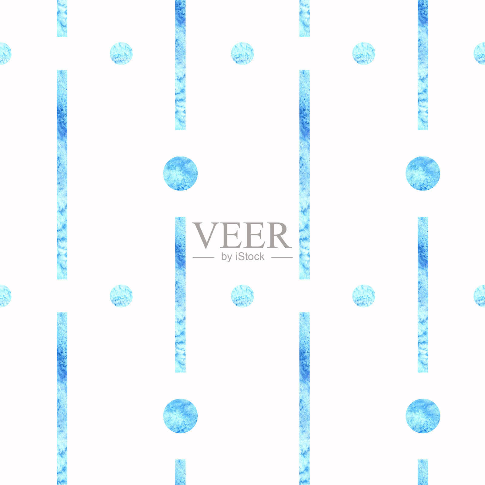 蓝色条纹和圆圈。由笔触构成的无缝图案。手绘水彩插图。带子和圆点的装饰。涂料线条的背景。壁纸、纺织品、封面的模板。插画图片素材