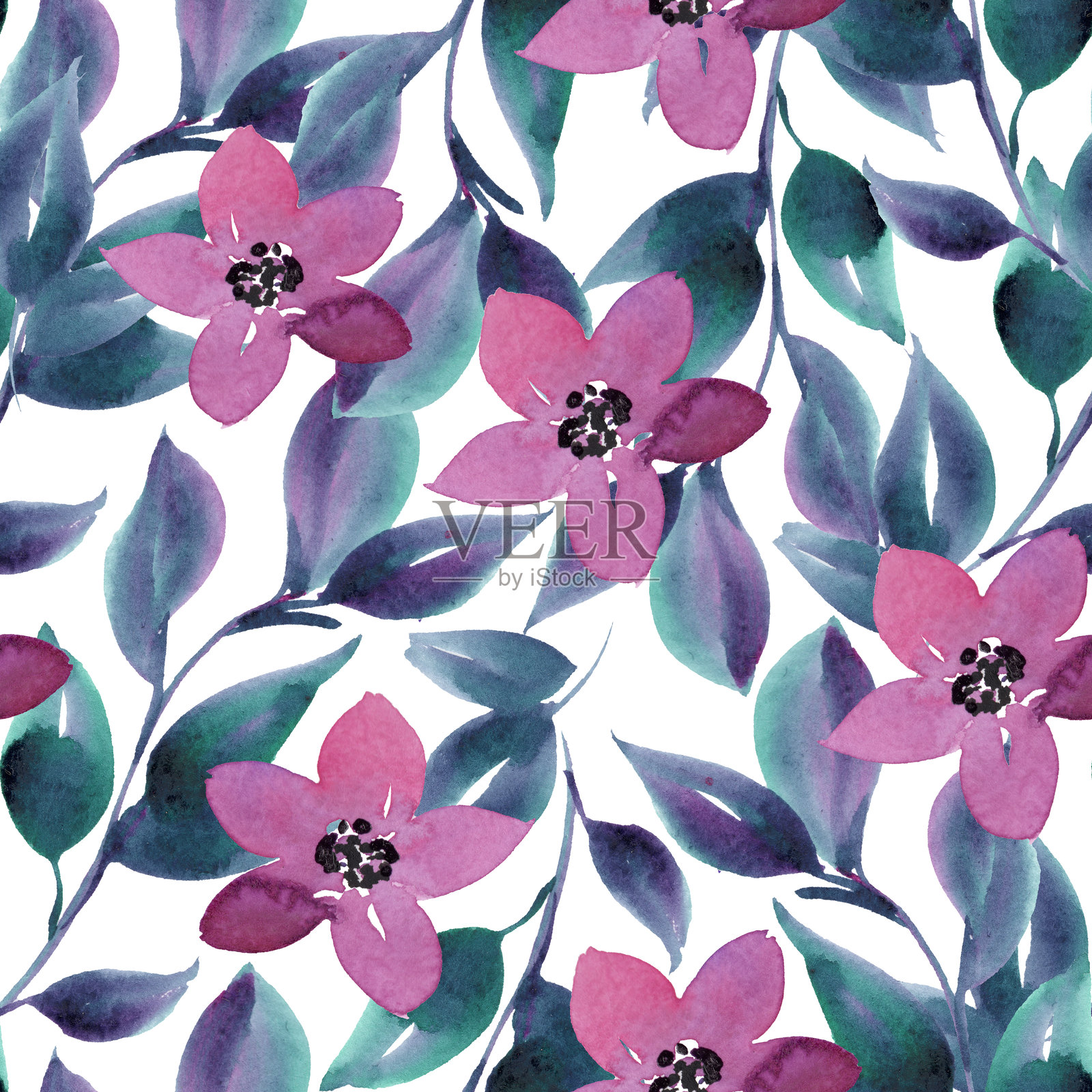 勿忘我水彩花卉印刷。抽象草本背景。无缝野花图案。插画图片素材