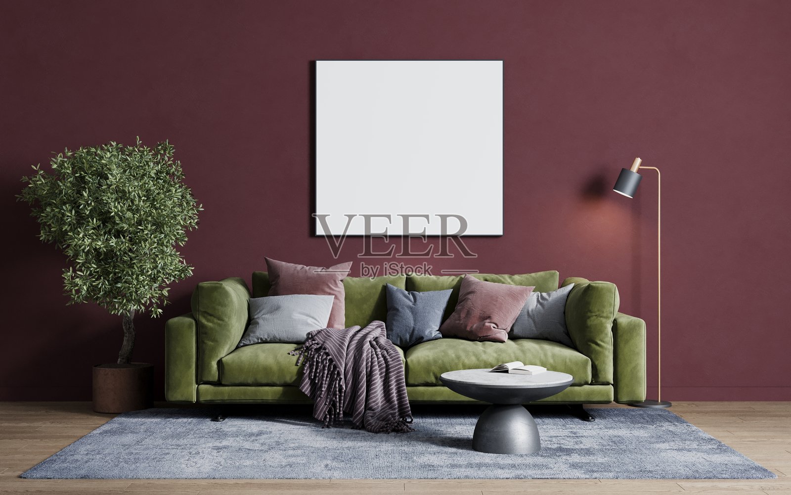 客厅沙发上方的空框架，用于放置图片或照片。3D渲染。照片摄影图片