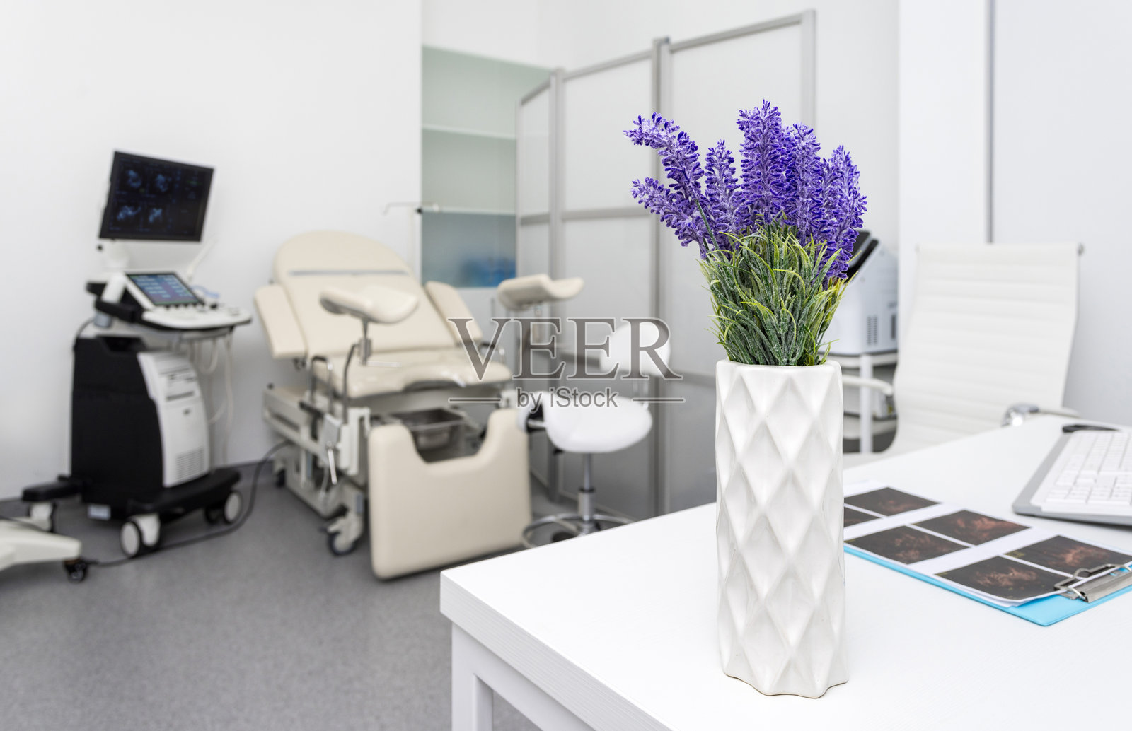 现代妇科诊所的妇科柜台，配有妇科椅和超声波设备，桌上的薰衣草象征着和谐与女性健康。照片摄影图片