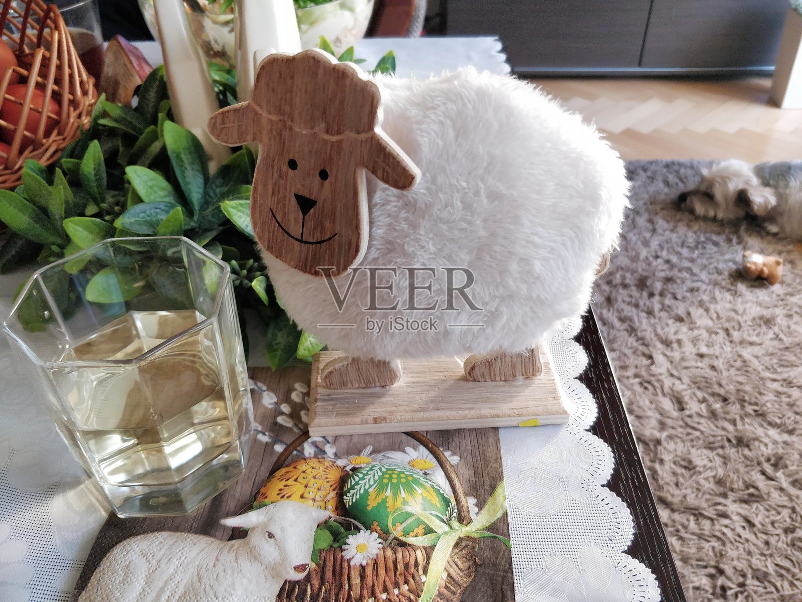 复活节展示与毛茸茸的白兔照片摄影图片