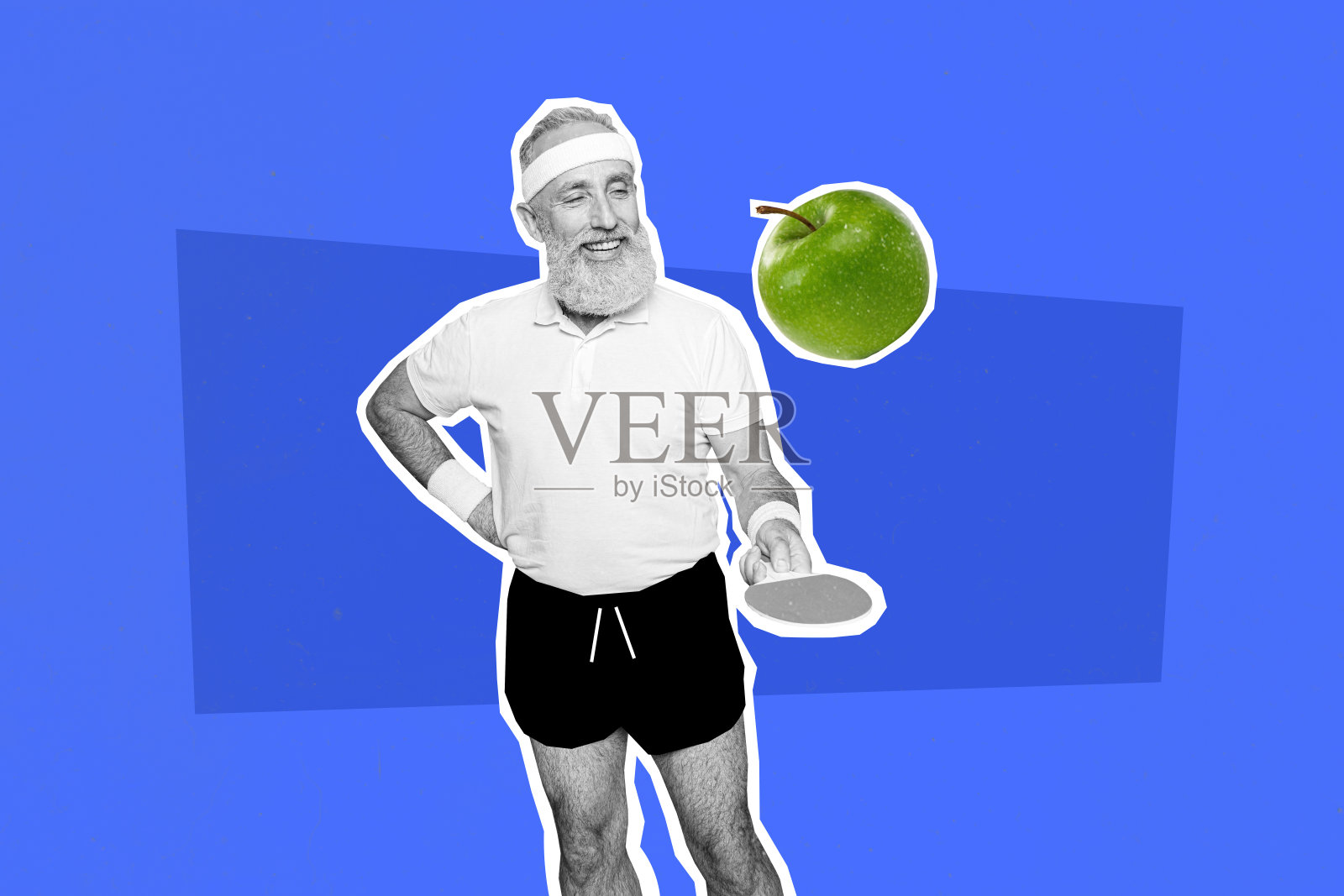 复合素描图像，3D照片拼贴，年长运动员打迷你网球，保持均衡饮食的美味苹果，健康的身体活动照片摄影图片