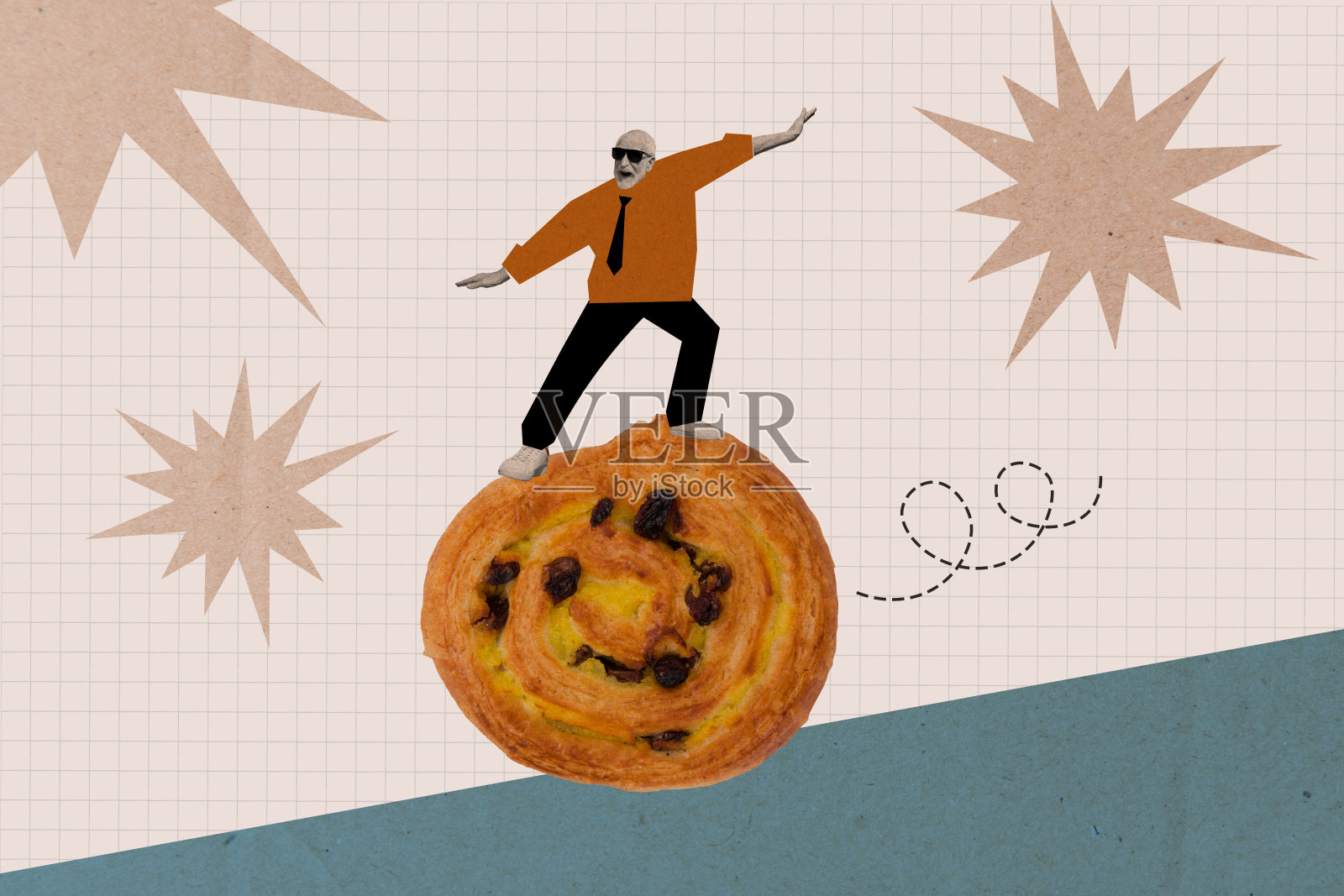 创意拼贴图：一位时尚穿着的退休老年滑板男士，手持美味的面包店外卖菜单，背景为格子图案。照片摄影图片