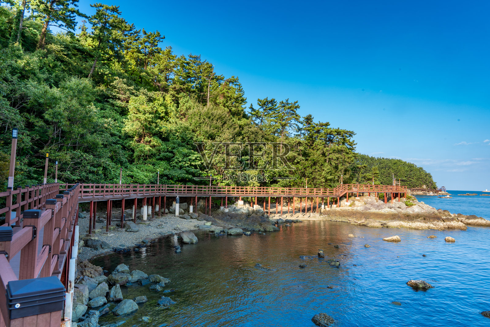 韩国美丽的海洋风景，水面、树木、桥梁和蓝天照片摄影图片