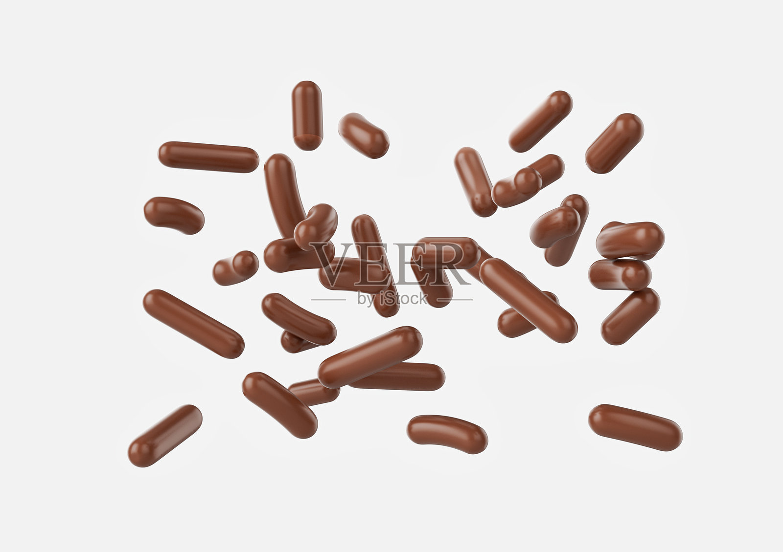 巧克力糖屑洒落在白色背景上的蛋糕、冰淇淋和甜点的3D插图照片摄影图片