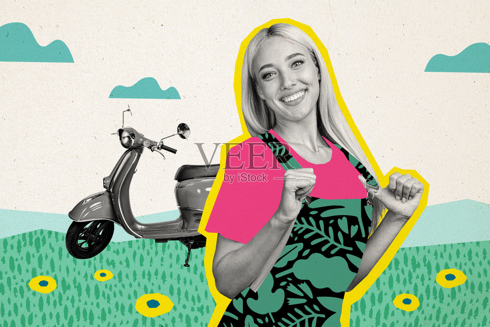 微笑的女士享受夏季交通工具的简约照片拼贴，背景为图形设计照片摄影图片