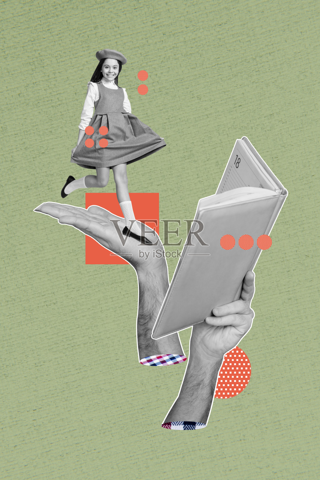 趋势艺术合成素描图像，3D照片拼贴，站在巨大手掌上的小女孩学生，阅读小说文本，学习大书。照片摄影图片