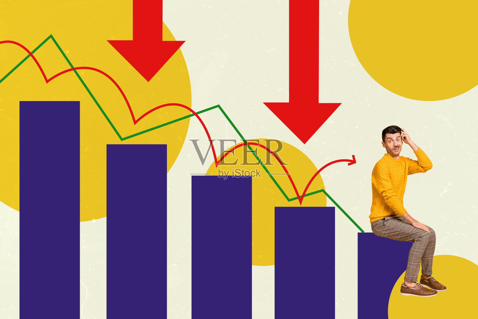 年轻沮丧的男孩坐在低平台上，周围是3D照片拼贴艺术，图表显示出巨大的向下箭头，代表糟糕的结果。照片摄影图片