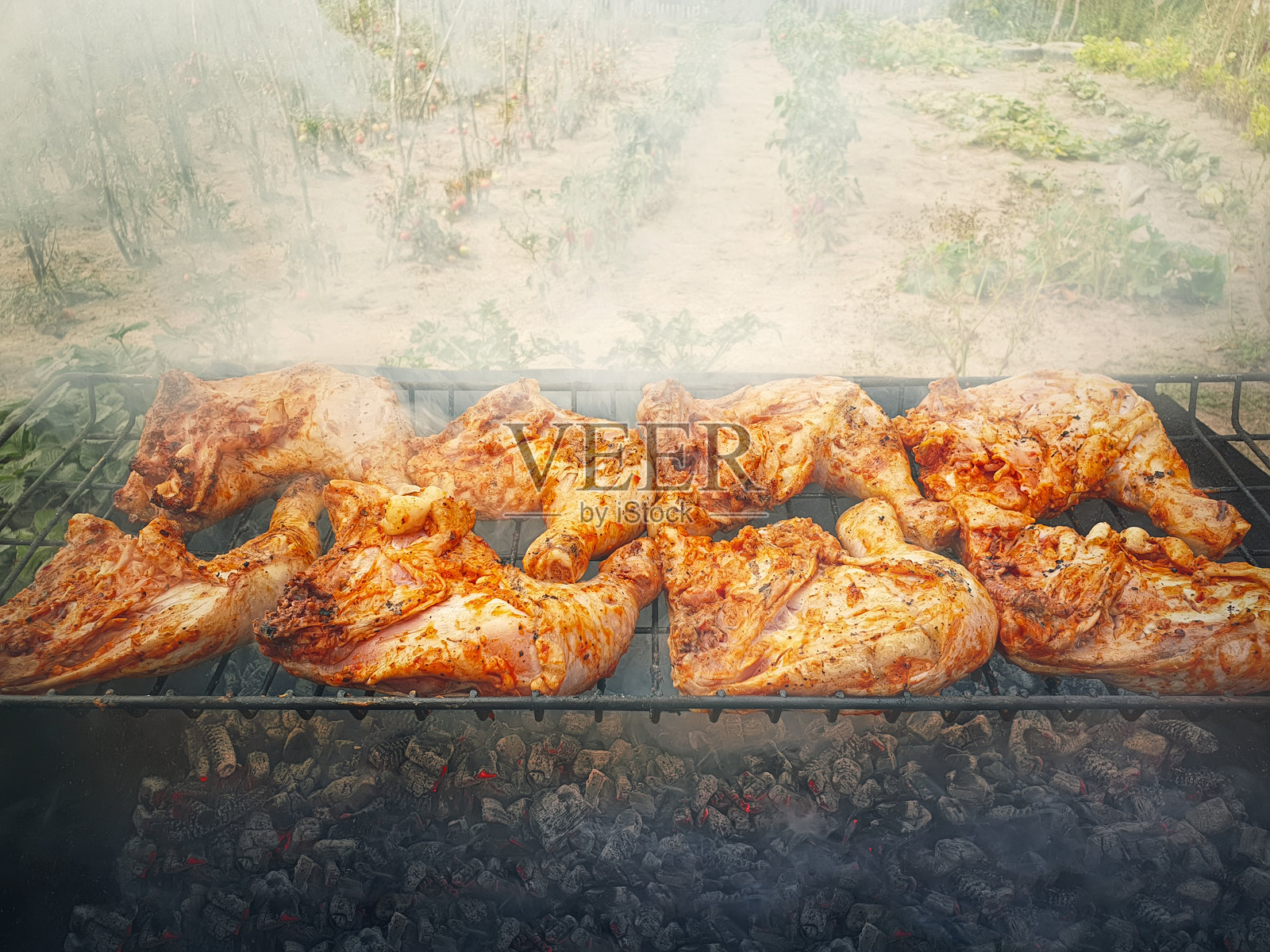 在花园里户外准备烤鸡腿。在家烘烤肉类，生物食品概念照片摄影图片