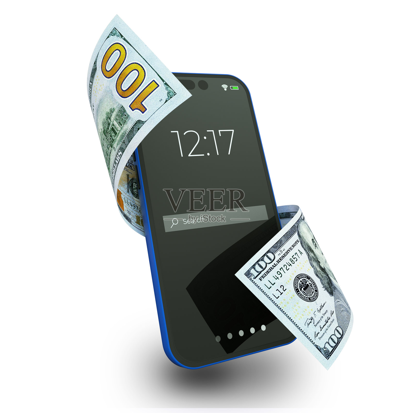 在白色背景上，一张美国美元钞票在智能手机周围飞舞。移动支付概念照片摄影图片