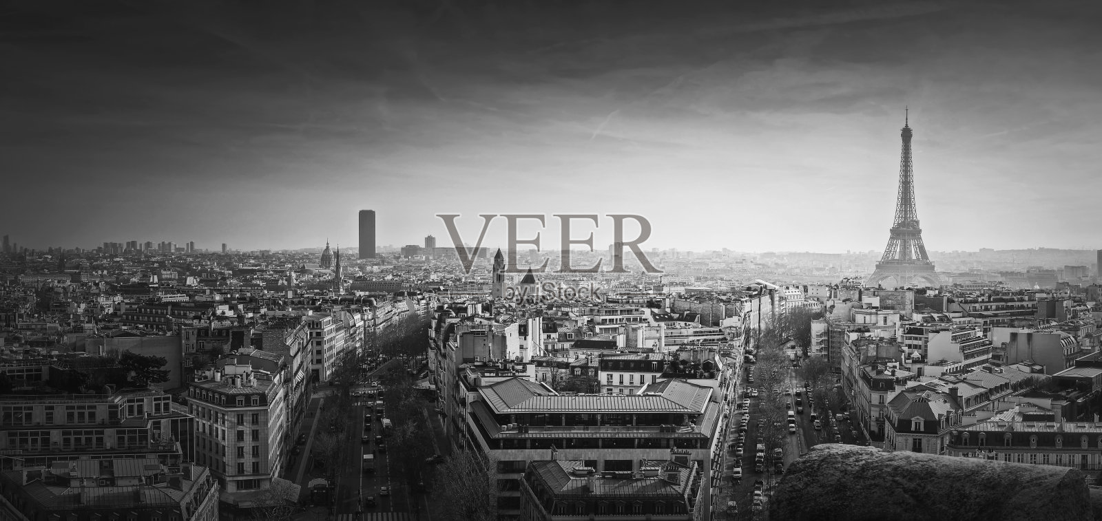 黑白巴黎全景。浪漫的空中视角俯瞰屋顶，远处是埃菲尔铁塔，法国。假日目的地，观光巴黎城市风景，地平线上是历史地标。照片摄影图片