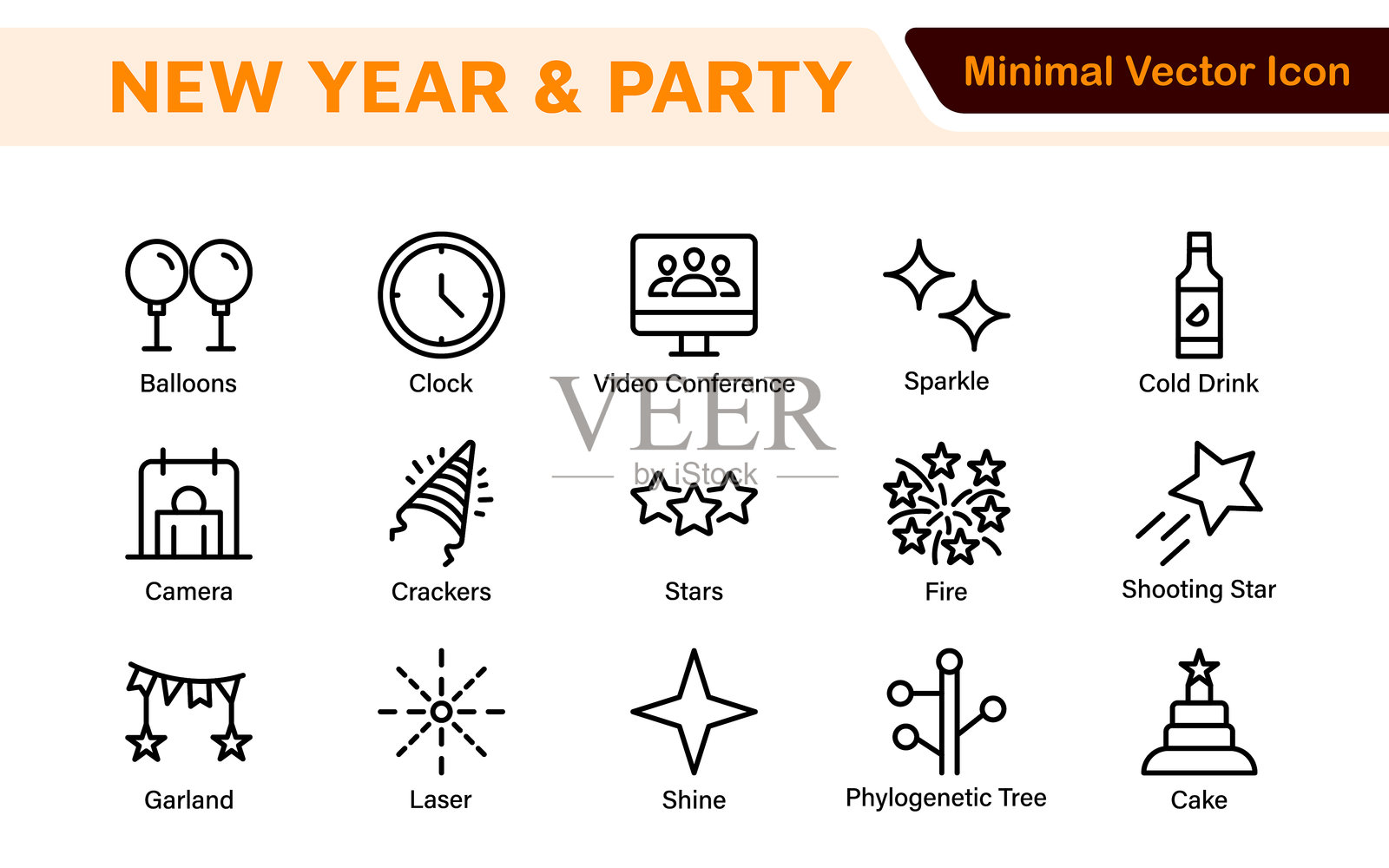 新年庆祝图标集。一个充满活力的节日图标集合，旨在提升庆祝气氛，非常适合派对邀请、活动推广和节日主题项目。插画图片素材