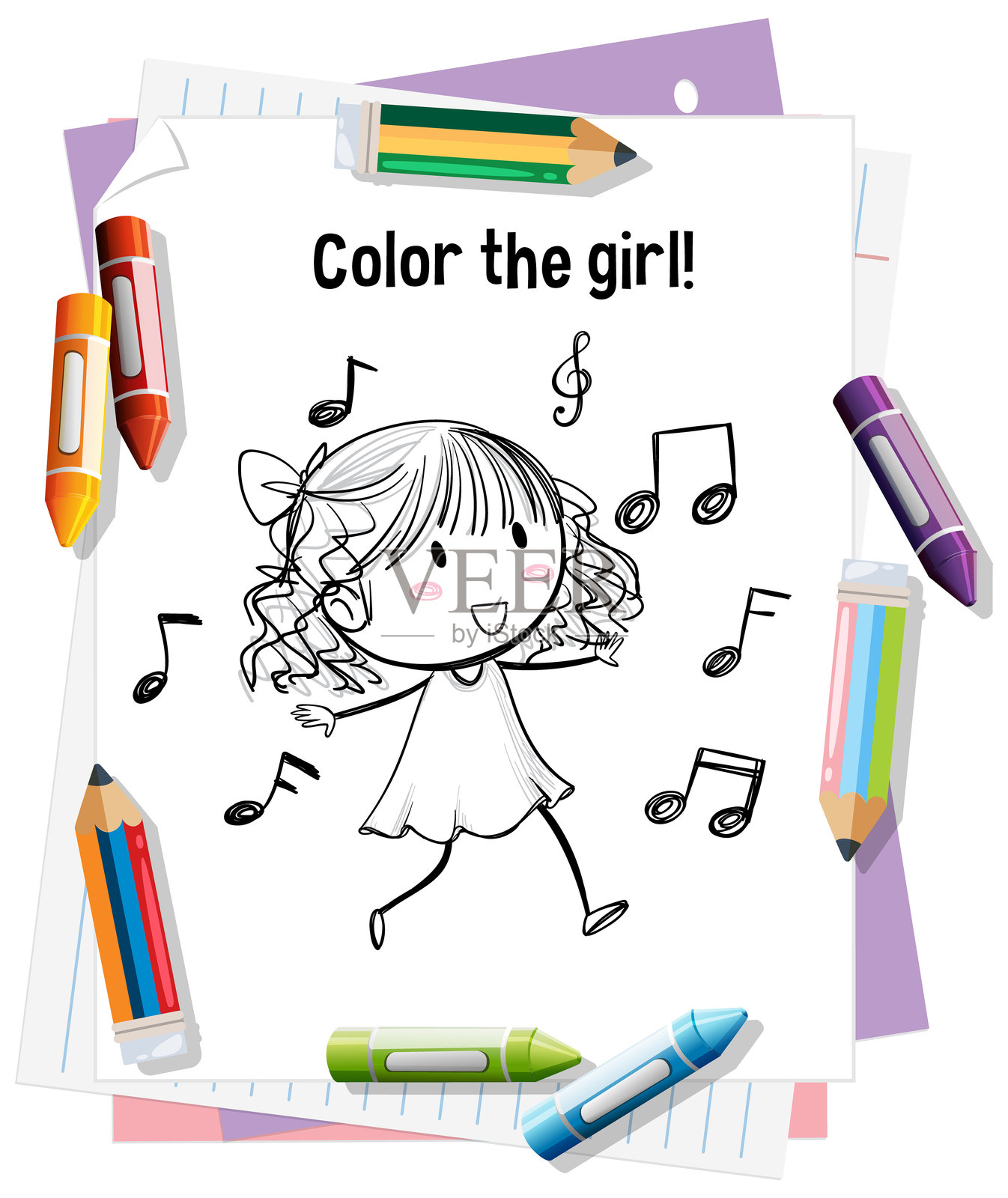 女孩与音乐音符的插图插画图片素材