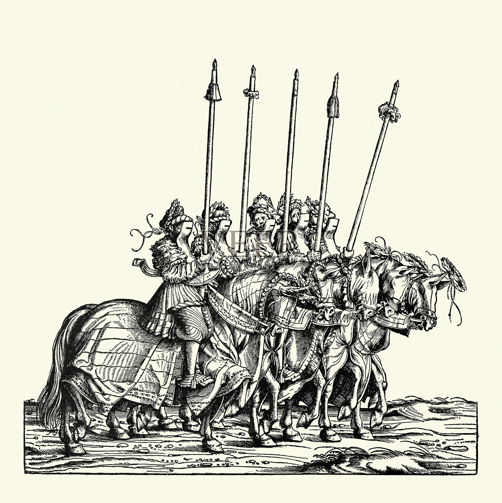 文艺复兴艺术，晚期中世纪骑士穿着盔甲，手持长矛，骑在披甲的马背上，马克西米利安一世的胜利，神圣罗马帝国皇帝，16世纪，德国木刻版画插画图片素材