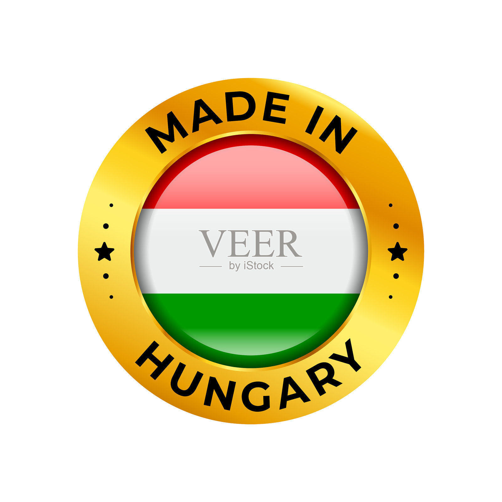 匈牙利制造标签。带有匈牙利国旗和文字的金色圆形矢量徽章、印章、图标。背景为白色。插画图片素材