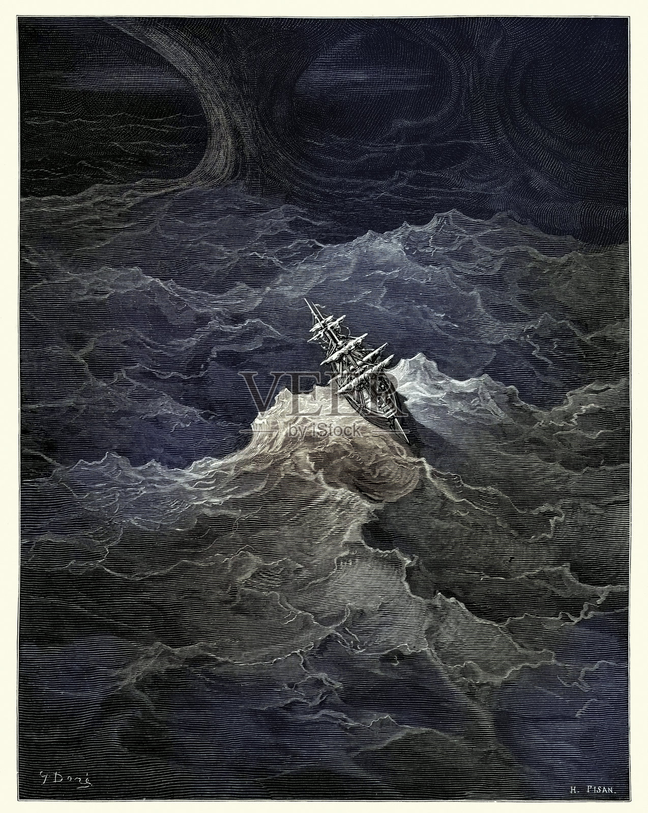 在暴风雨中航行的船只，水龙卷，《古舟子咏》插画图片素材