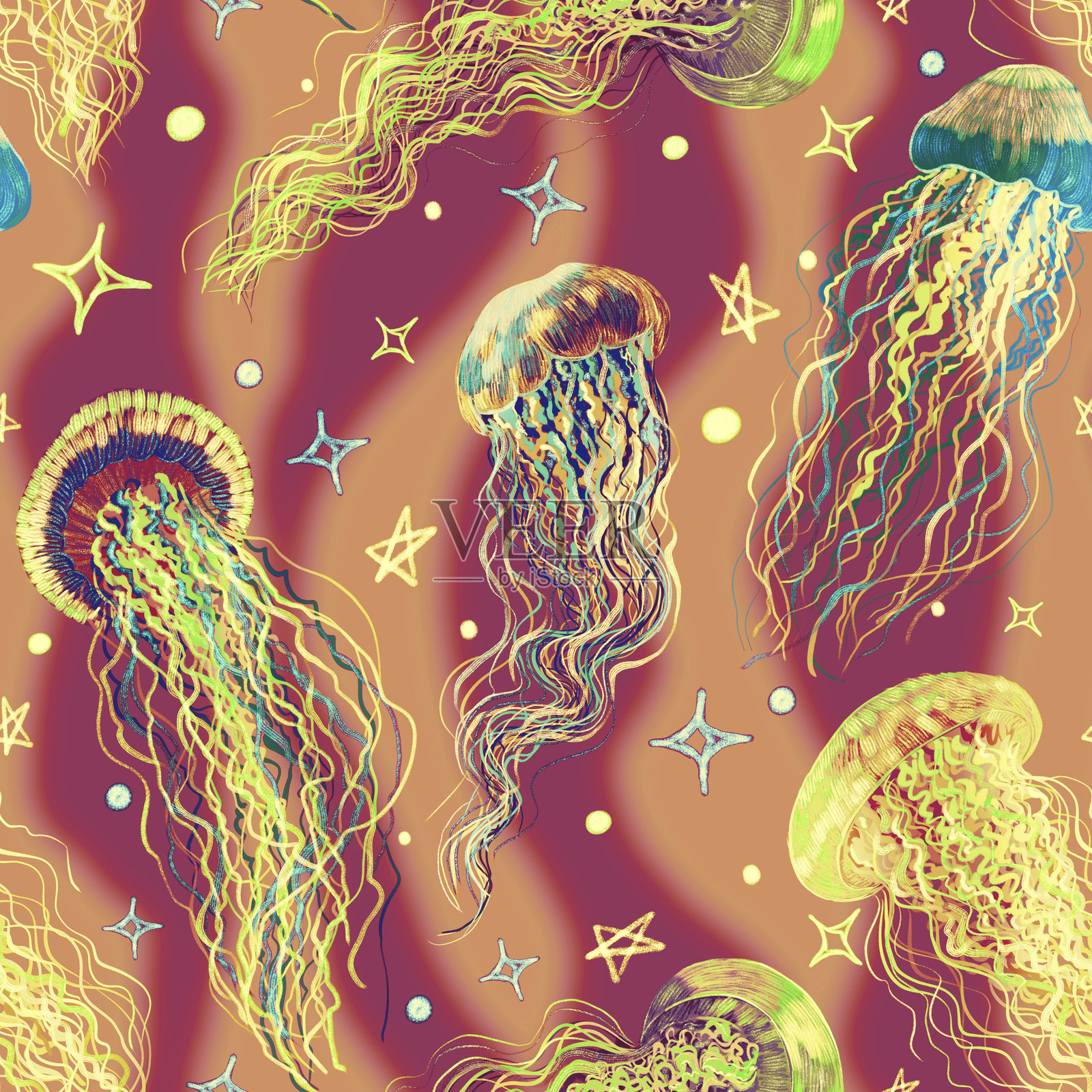无缝图案。复杂的水下幻想：一个充满活力和奇幻的海洋生物示例，展示了色彩斑斓的水下世界中的水母。非常适合设计模板、壁纸、包装、面料和纺织品。插画图片素材