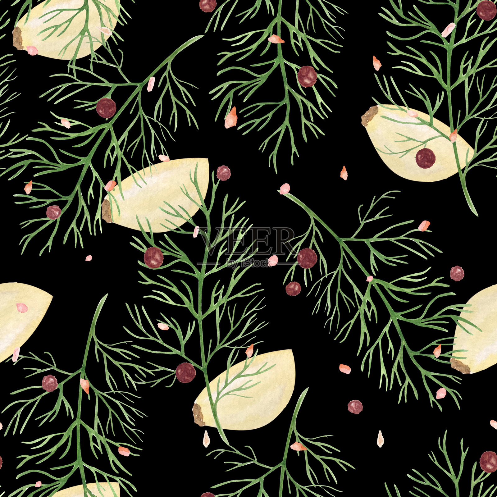 大蒜瓣、莳萝、胡椒、盐的水彩无缝图案，手绘于纹理黑色背景，适用于食品设计。香料盒、餐厅菜单、包装、卡片、食品广告、标签装饰和设计。插画图片素材