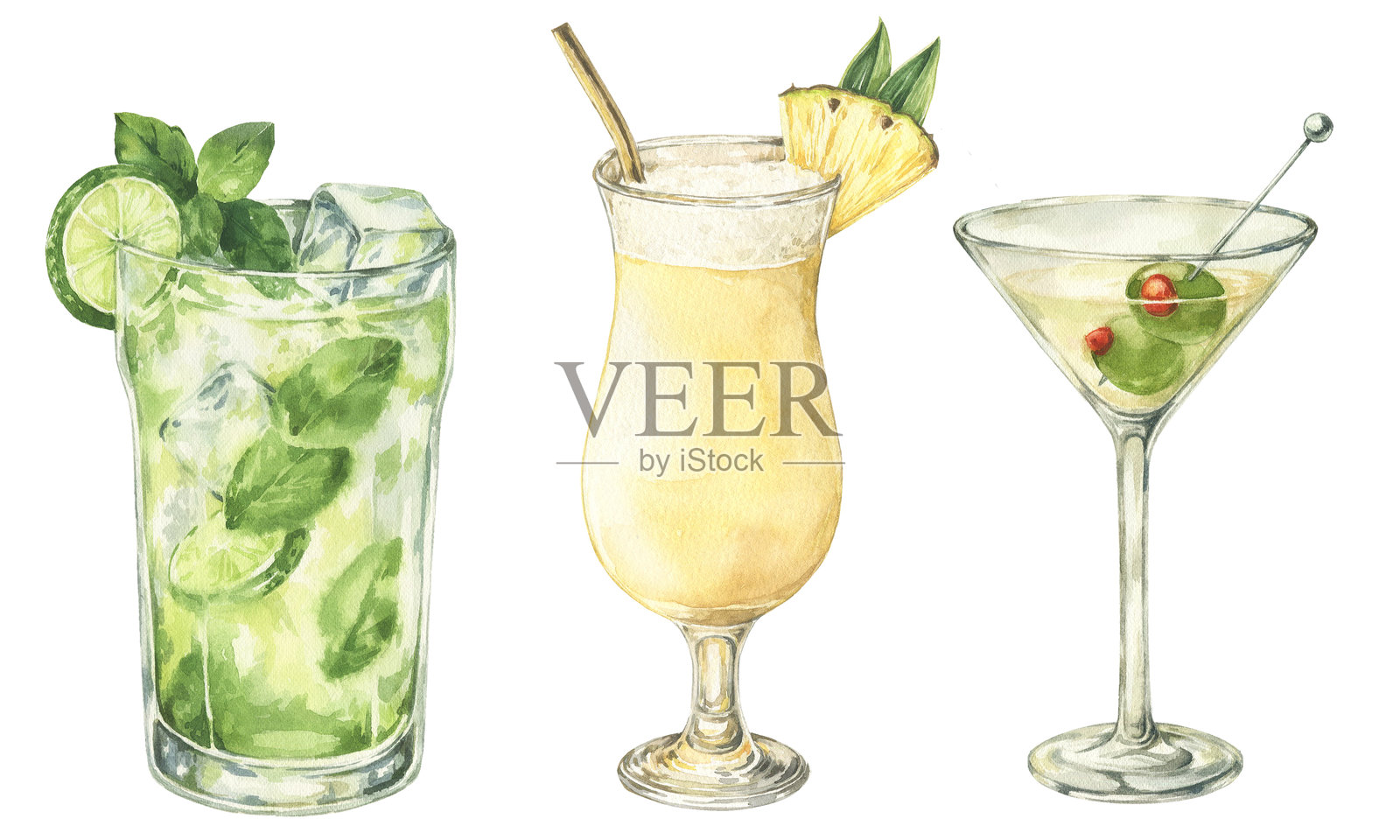 一组水彩鸡尾酒杯插图。莫吉托、皮纳科拉达、干马提尼。酒吧菜单、包装和海报的元素。插画图片素材