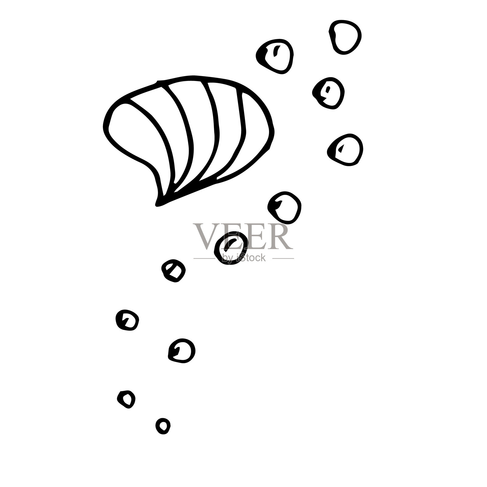 气泡、空气、牡蛎壳、海洋、黑白矢量插图涂鸦集，独立于白色背景，适用于纺织、排版、明信片设计。插画图片素材