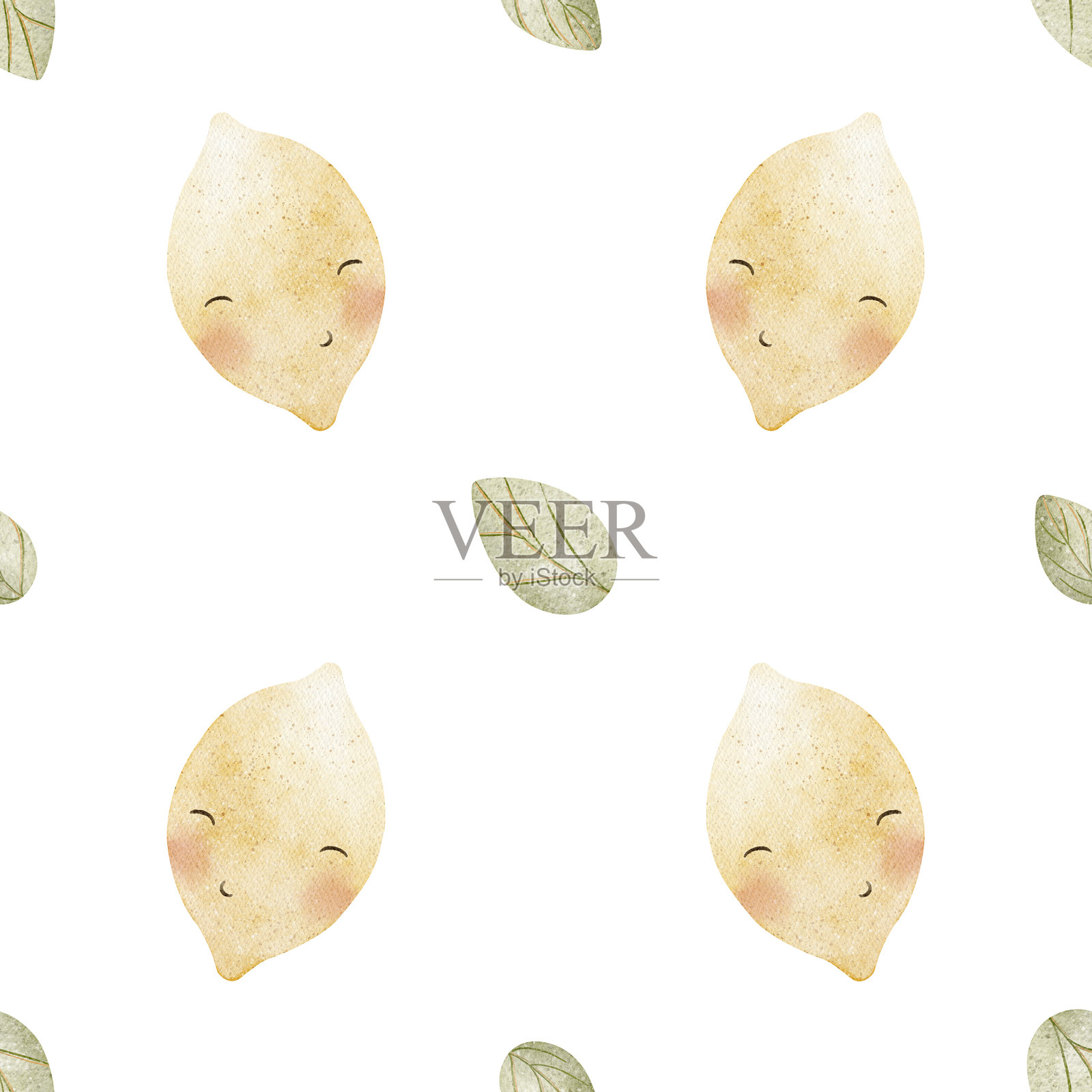 无缝图案的柠檬叶子，带眼睛的可爱水果。水彩粉彩印刷食品。手绘插图角色，适用于设计纺织品、面料、包装、服装和墙纸的白色背景。插画图片素材