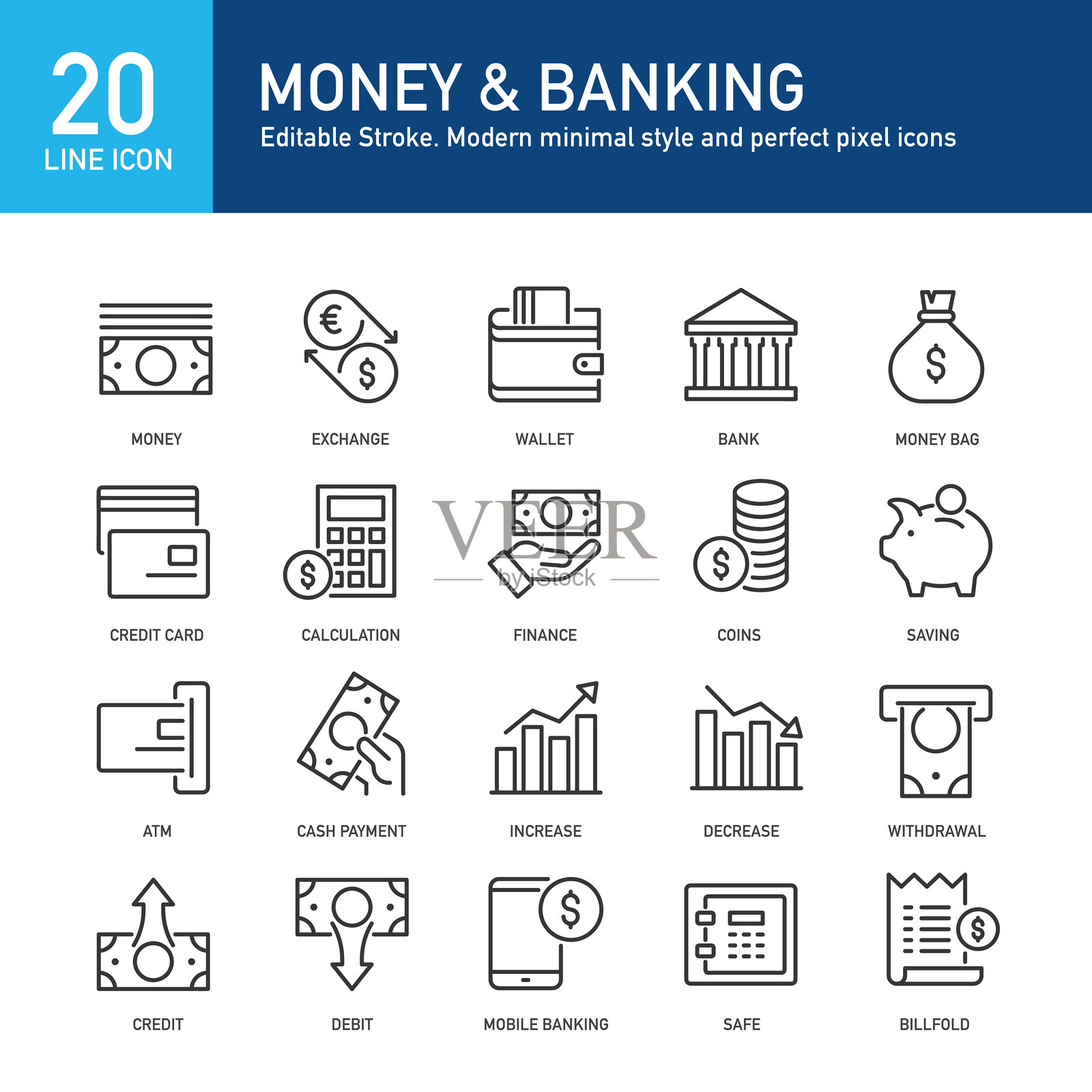 货币和银行线条图标。可编辑的线条。包含金融、美元、支付、储蓄线条图标集合。矢量插图。适用于网站设计、标志、应用程序、模板、用户界面等。插画图片素材